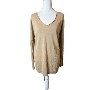 J Crew Womens Roll V-Neck‎ Tan Sweater Linen Blend Button Detail Large Neutral